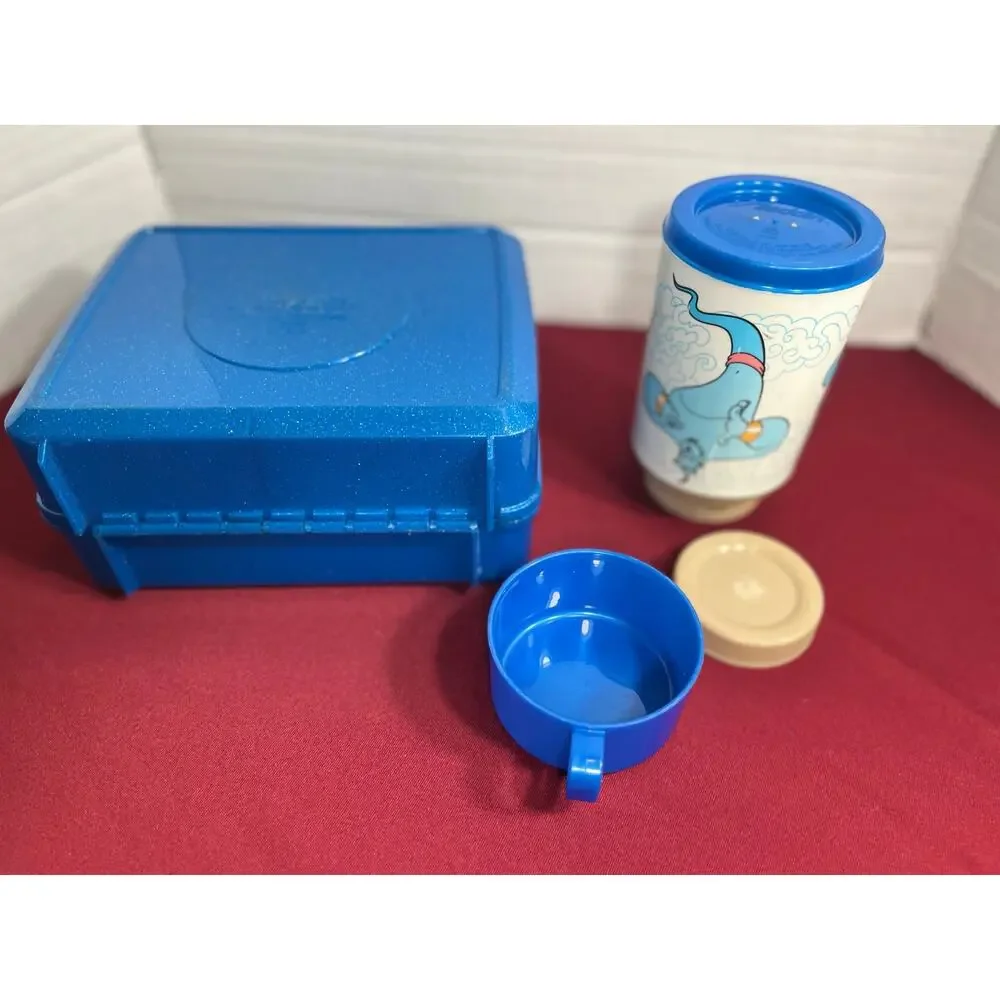 Vint 1993 Disney Aladdin Plastic Lunchbox with Matching Thermos Set Glitter Blue